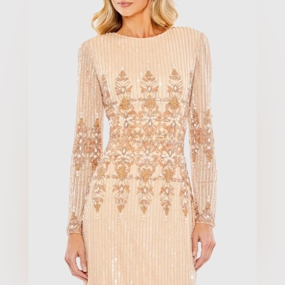 Mac Duggal 5576 NWOT Peach Embellished Long Sleeve High Neck Sheath Dress - Picture 2 of 7